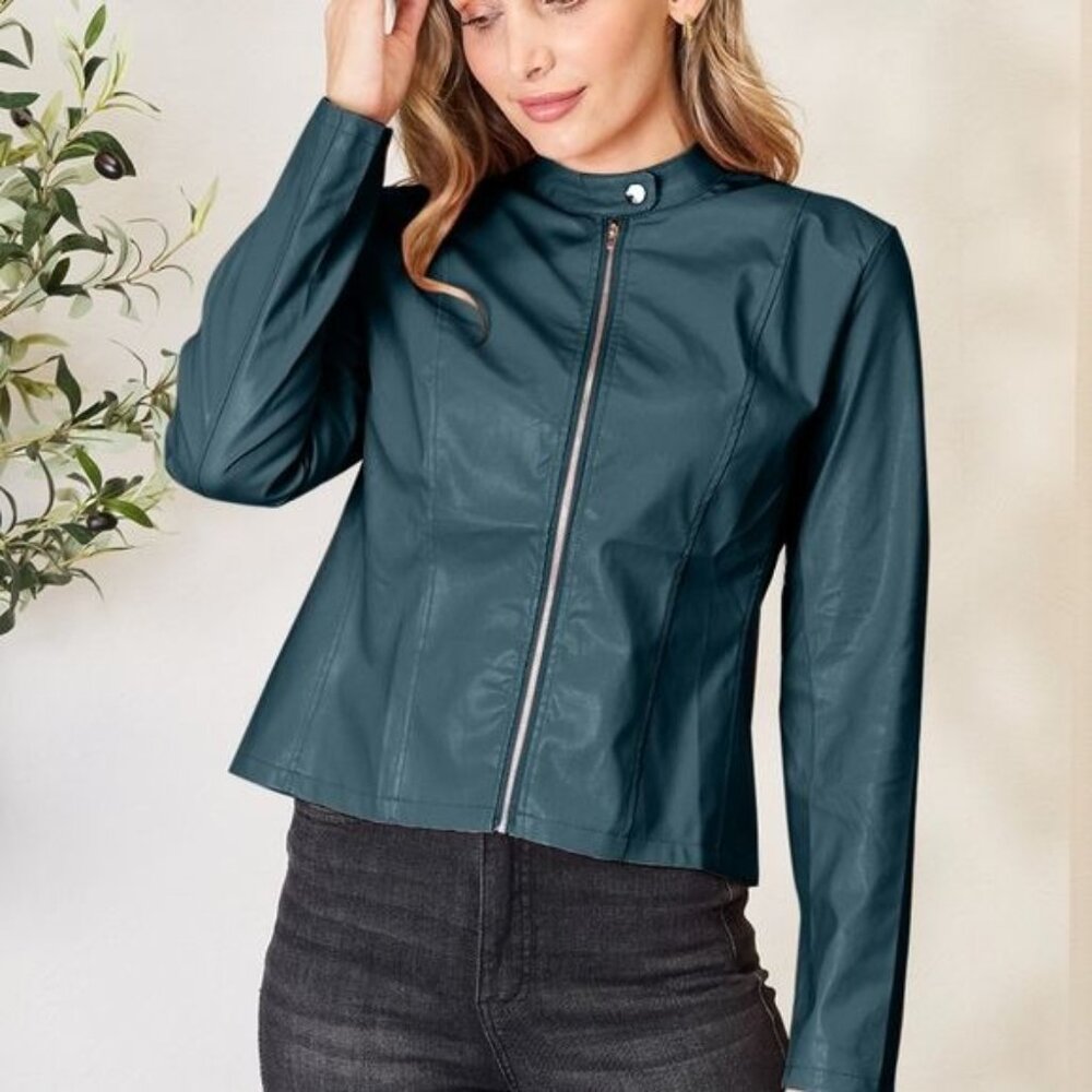 Chic Moto Vegan Leather Jacket Zip-up Sleek Snap Mock Neck Trendy Lightweight